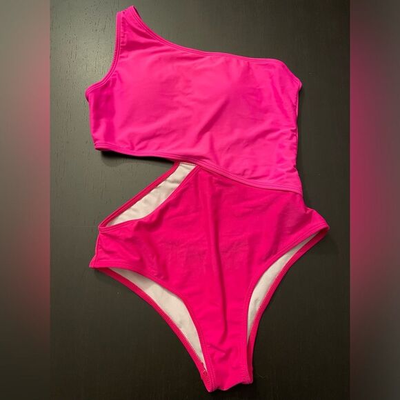 SHEIN One Piece Two Tone Pink One Shoulder Cutout Swimsuit Women’s Size M - Picture 1 of 7